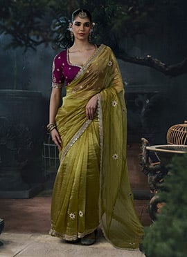 Mehendi Green Tissue Silk Heavy Thread Embroidery Sequins Stone Work Saree