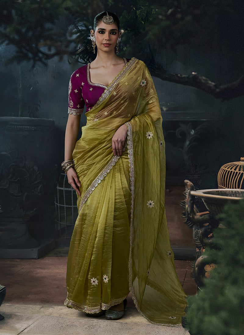 Mehendi Green Tissue Silk Heavy Thread Embroidery Sequins Stone Work Saree Wedding Wear