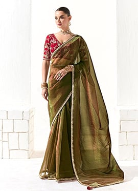 Mehendi Green Tissue Zari Hand Embroidered Sequins Saree