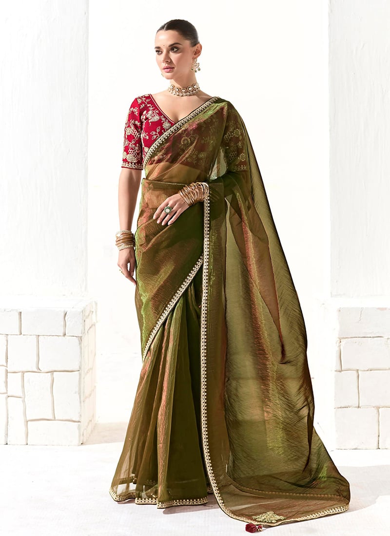 Mehendi Green Tissue Zari Hand Embroidered Sequins Saree Wedding Wear