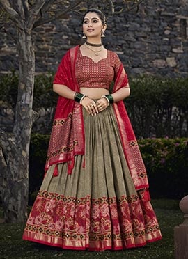 Mehendi Green Tussar Silk Foil Print Lehenga Festive Wear