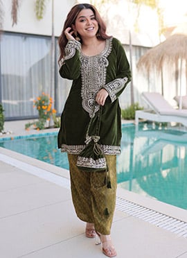 Mehendi Green Velvet Zari Embroidered Sequins Kurta Salwar Set