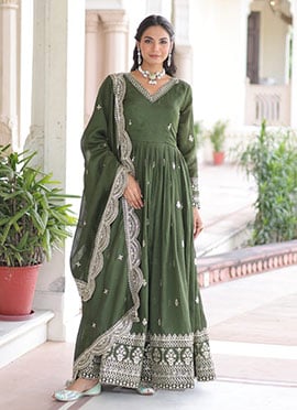 Mehendi Green Vichitra Silk Embroidered Sequins Anarkali Suit