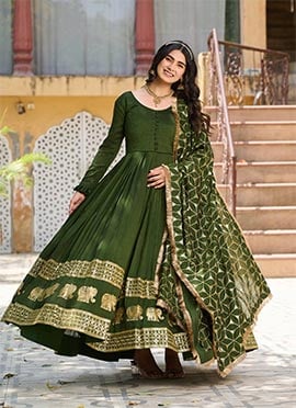 Mehendi Green Vichitra Silk Embroidered Sequins Anarkali Suit