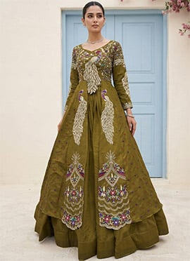 Mehendi Green Vichitra Silk Embroidered Sequins Long Choli Lehenga Set