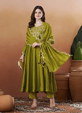 Mehendi Green Vichitra Silk Embroidered Sequins Straight Pant Suit