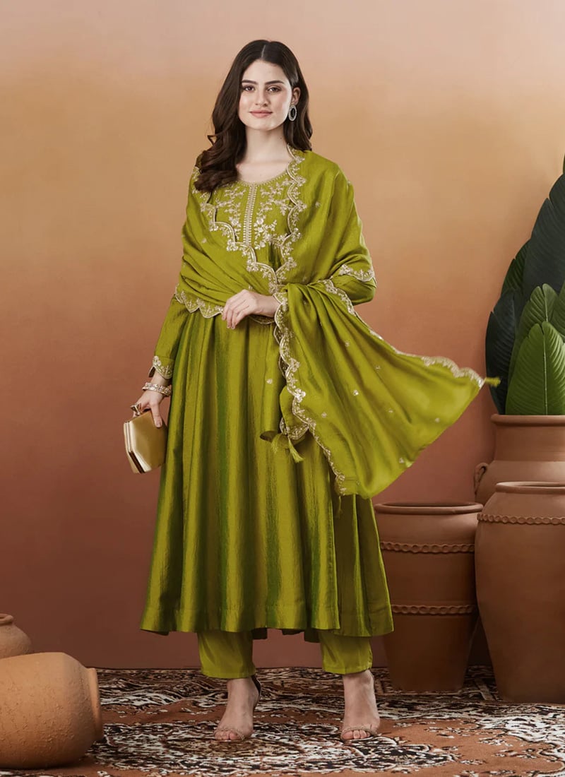 Mehendi Green Vichitra Silk Embroidered Sequins Straight Pant Suit After Six Wear