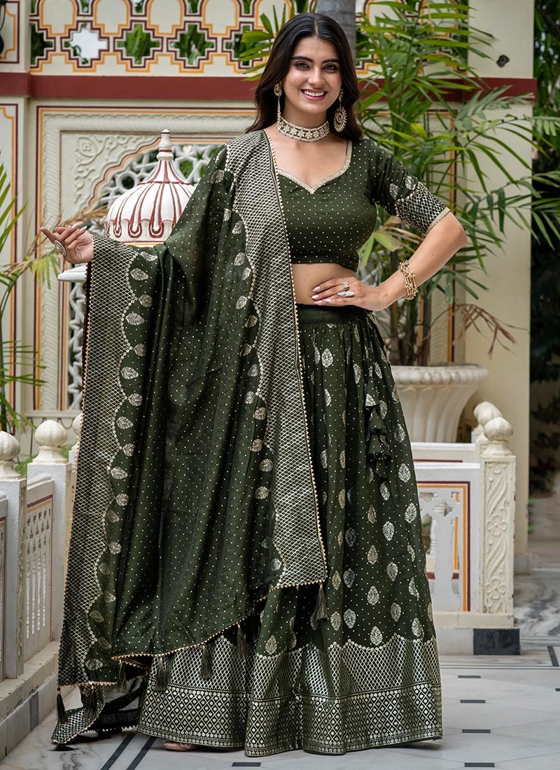Mehendi Green Vichitra Silk Foil Print Lehenga Festive Wear