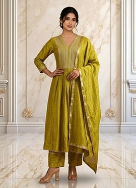 Mehendi Green Vichitra Silk Hand Embroidered Sequins With Beads Work Anarkali Suit