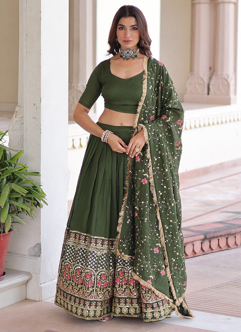 Mehendi Green Vichitra Silk Sequins Thread Work A Line Lehenga Festive Wear