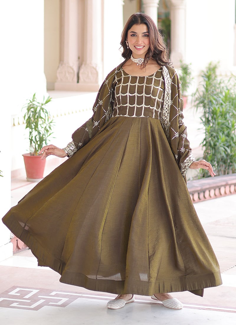 Mehendi Green Vichitra Silk Sequins Zari Embroidered Anarkali Suit Festive Wear