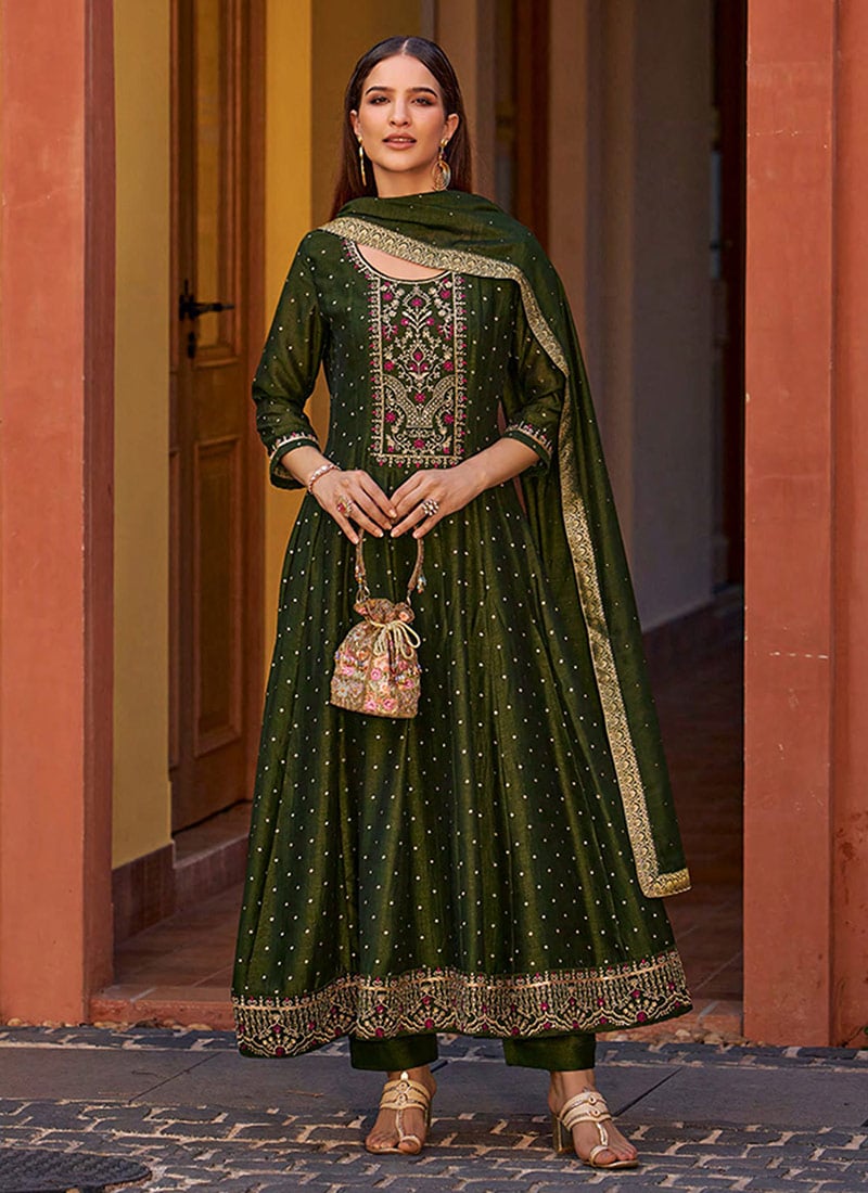 Mehendi Green Vichitra Silk Zari Embroidered Sequins A Line Straight Pant Suit Festive Wear