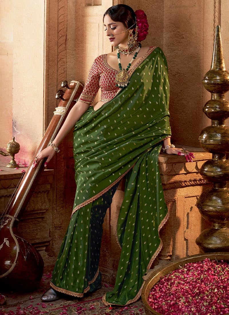 Mehendi Green Viscose Crepe Zari Embroidered Sequins Saree After Six Wear
