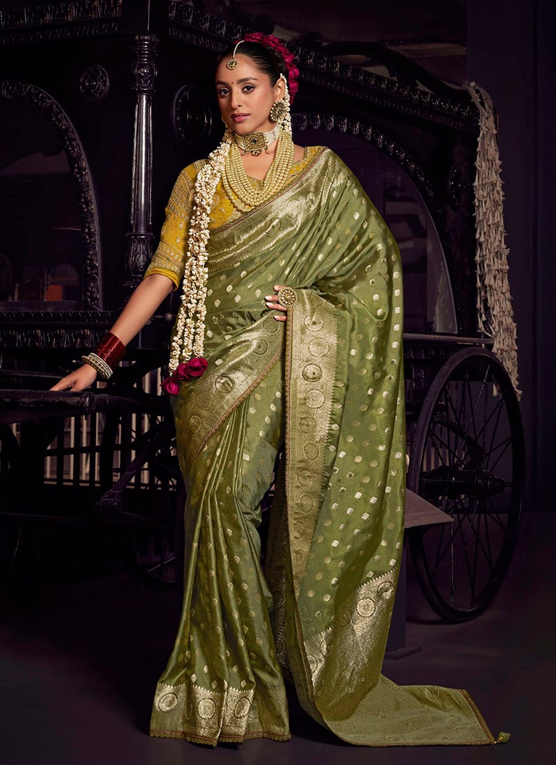 Mehendi Green Viscose Crepe Zari Hand Embroidered Sequins With Beads Work Saree Wedding Wear