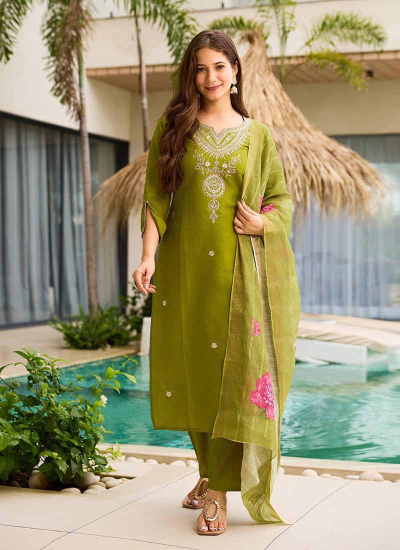 Mehendi Green Viscose Embroidered And Printed Straight Pant Suit