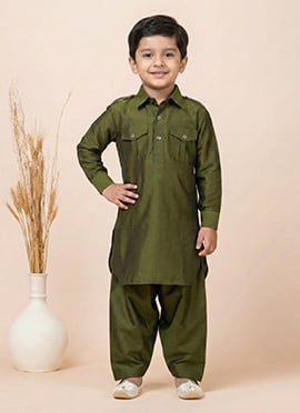 Mehendi Green Viscose Kids Boys Pathani Set