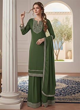 Mehendi Green Zari Sequins Chinon Palazzo Suit