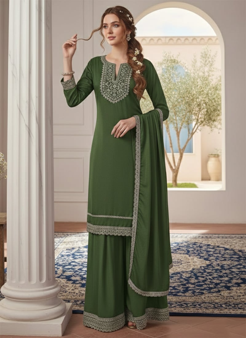 Mehendi Green Zari Sequins Chinon Palazzo Suit Festive Wear