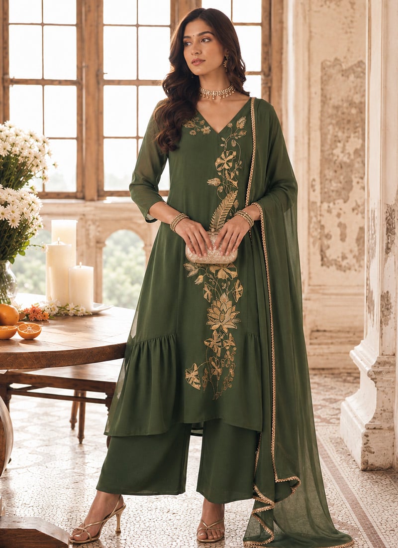 Mehendi Green Zari Sequins Embroidered Silk Asymmetric Palazzo Suit After Six Wear