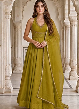 Mehendi Olive Green Silk Zari Resham Embroidered Anarkali Suit