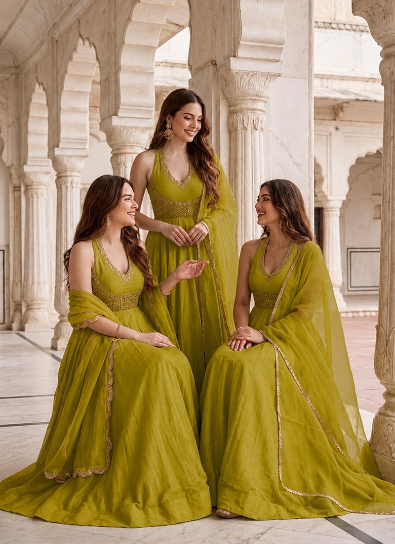 Mehendi Olive Green Silk Zari Resham Embroidered Anarkali Suit Festive Wear