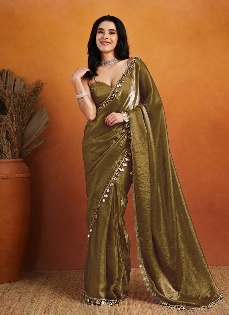 Mehendi Organza Teardrop Lace Border Saree After Six Wear