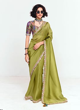 Mehendi Organza Tissue Embroidered Border Saree