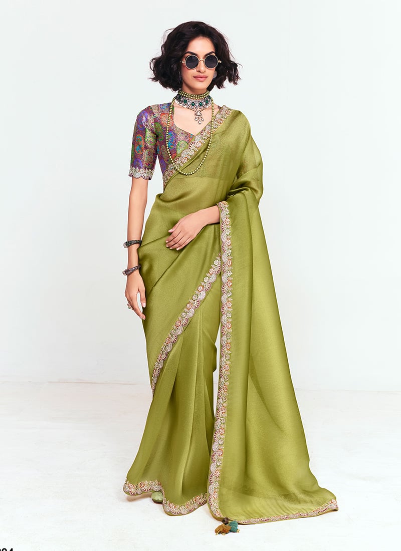 Mehendi Organza Tissue Embroidered Border Saree After Six Wear