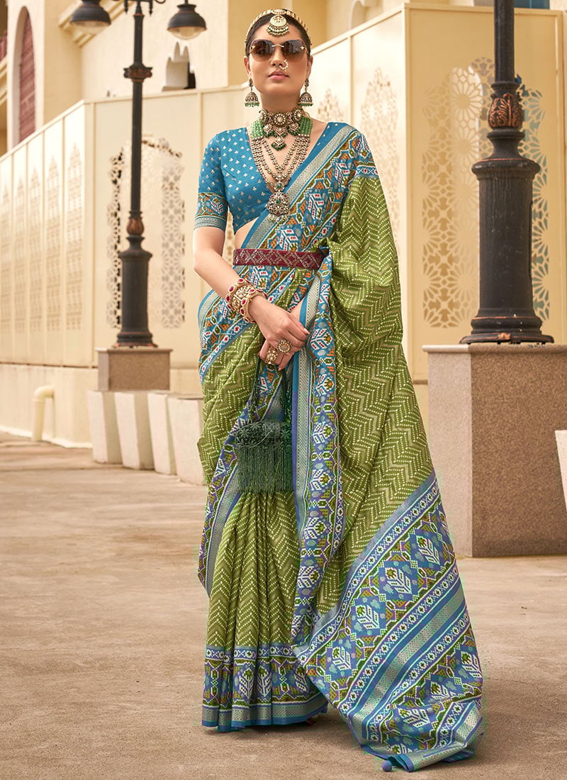 Mehendi Silk Patola And Digital Printed Saree Festive Wear