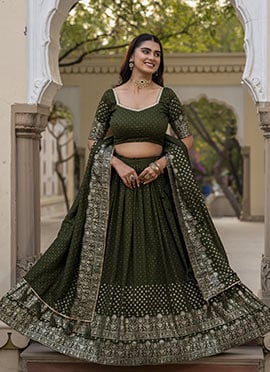 Mehendi Vichitra Silk Foil Print Stones Lehenga