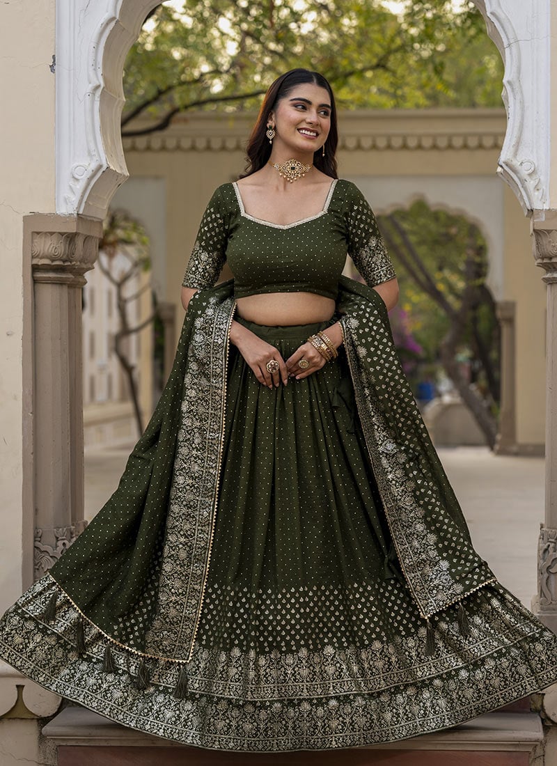 Mehendi Vichitra Silk Foil Print Stones Lehenga Festive Wear