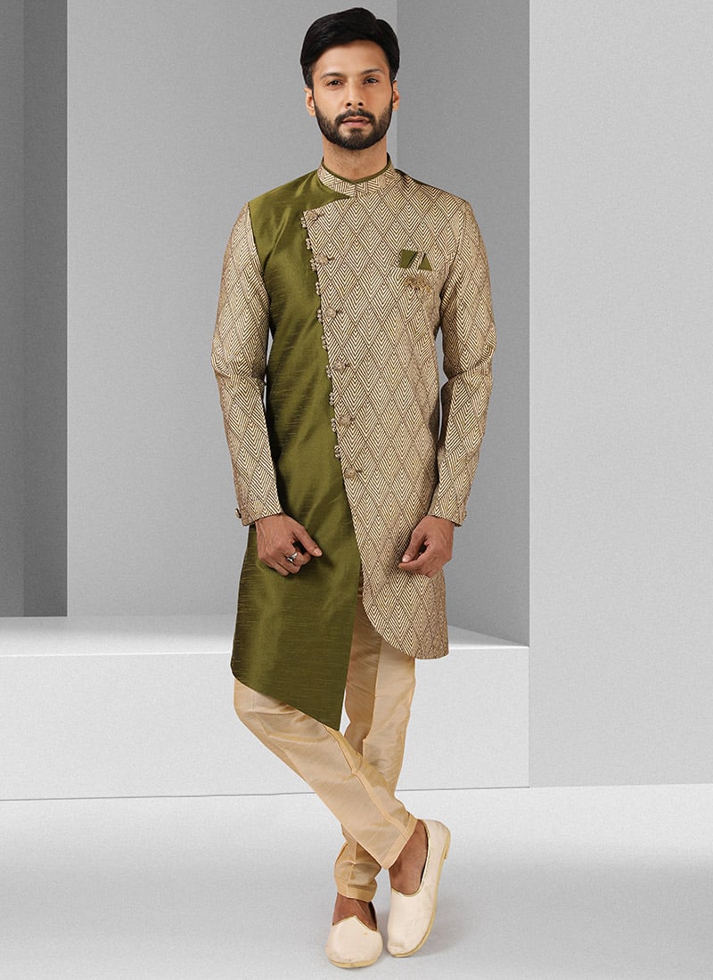 Mehndi Green Art Silk Printed Indowestern Sherwani
