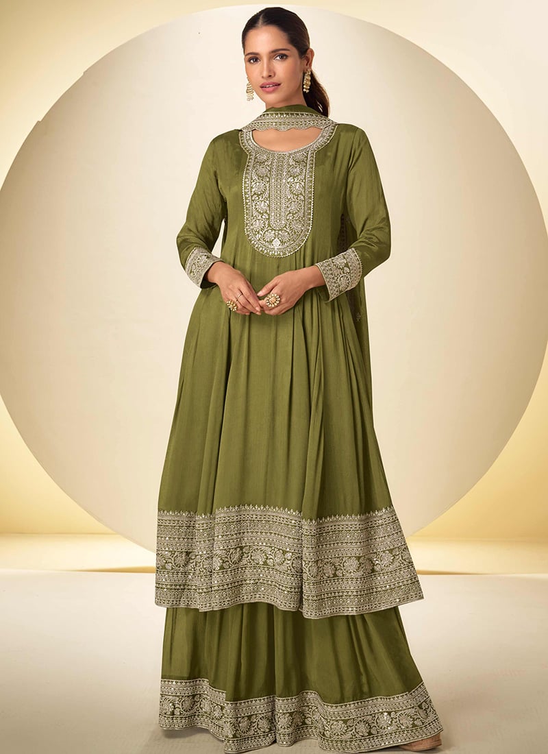 Mehndi Green Chinon Embroidered Sequins Palazzo Suit Festive Wear