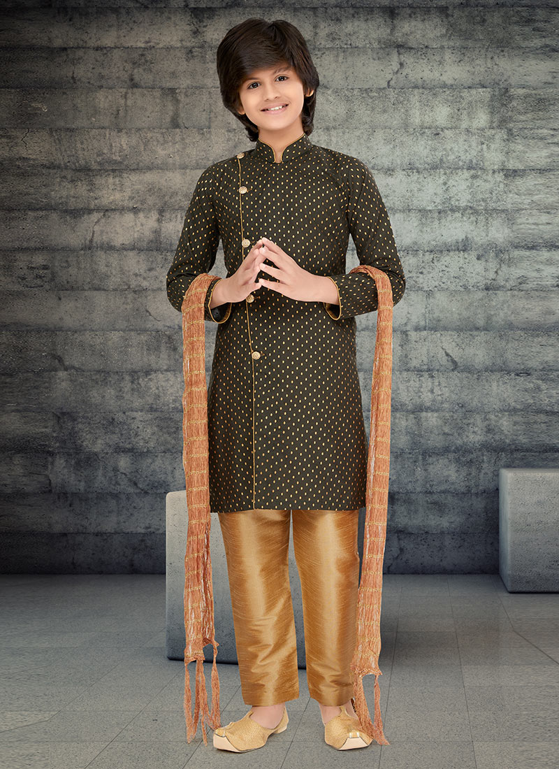 Mehndi Green Cotton Kids Boys Indowestern Sherwani