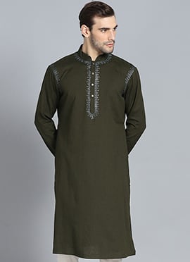 Mehndi Green Cotton Viscose Embroidered Kurta