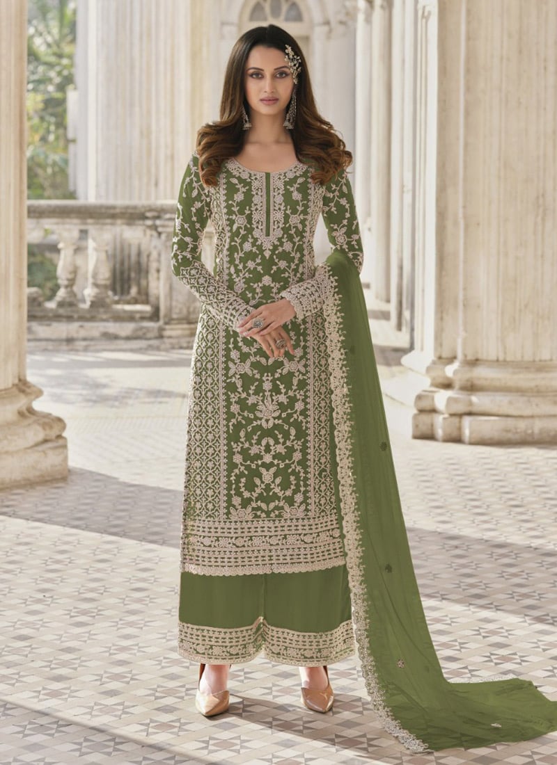 Mehndi Green Net Embroidery Straight Pant Suit Party Wear