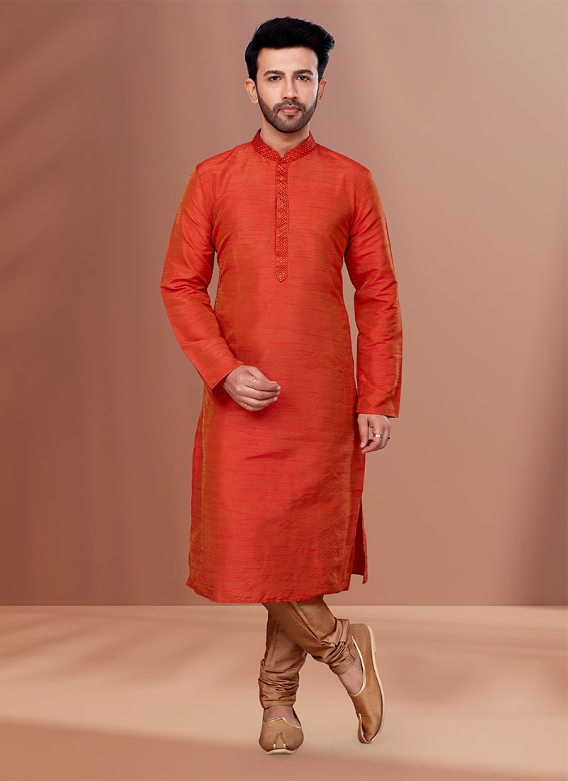 Men Banarasi Dupion Silk Orange Solid Stitch Kurta Pyjama