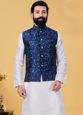 Men Festival And Party Wear Navy Blue Silk Jacquard Print Nehru Jacket