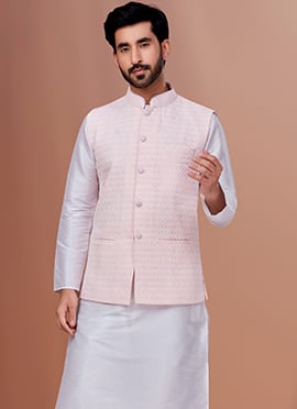 Men Festival And Party Wear Pink Faux Georgette Embroidered Nehru Jacket