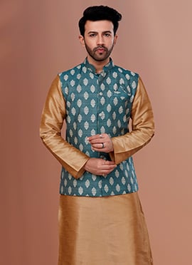 Men Festival And Party Wear Teal Silk Jacquard Print Nehru Jacket