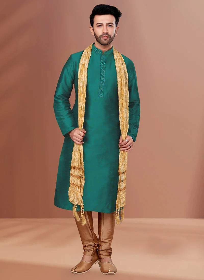 Men Green Banarasi Dupion Silk Solid Stitch Kurta with Churidar Party Wear
