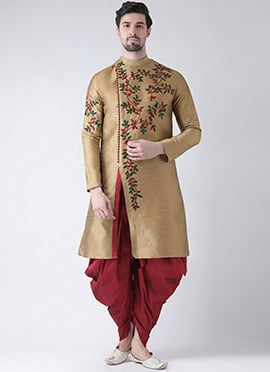 Mens Beige Dupion Silk Embroidered Kurta Pyjama