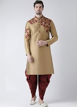 Mens Beige Dupion Silk Embroidered Kurta Pyjama