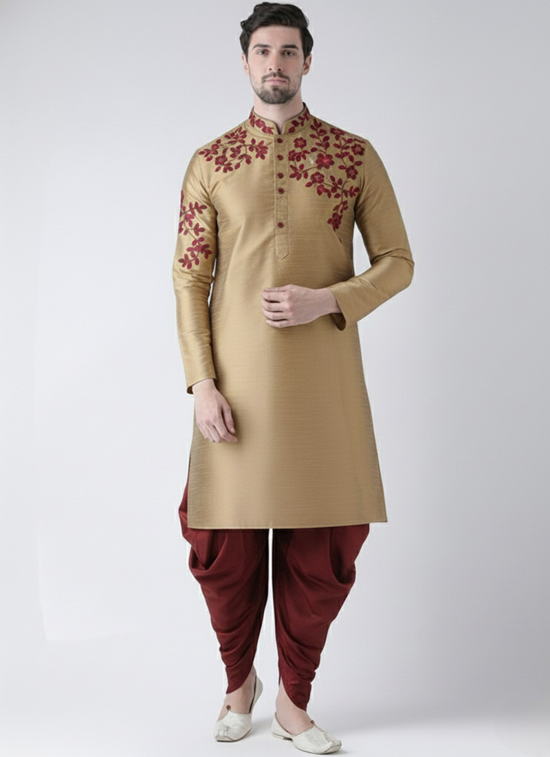 Mens Beige Dupion Silk Embroidered Kurta Pyjama Festive Wear