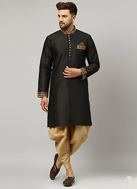 Mens Black Dupion Silk Embroidered Kurta Pyjama