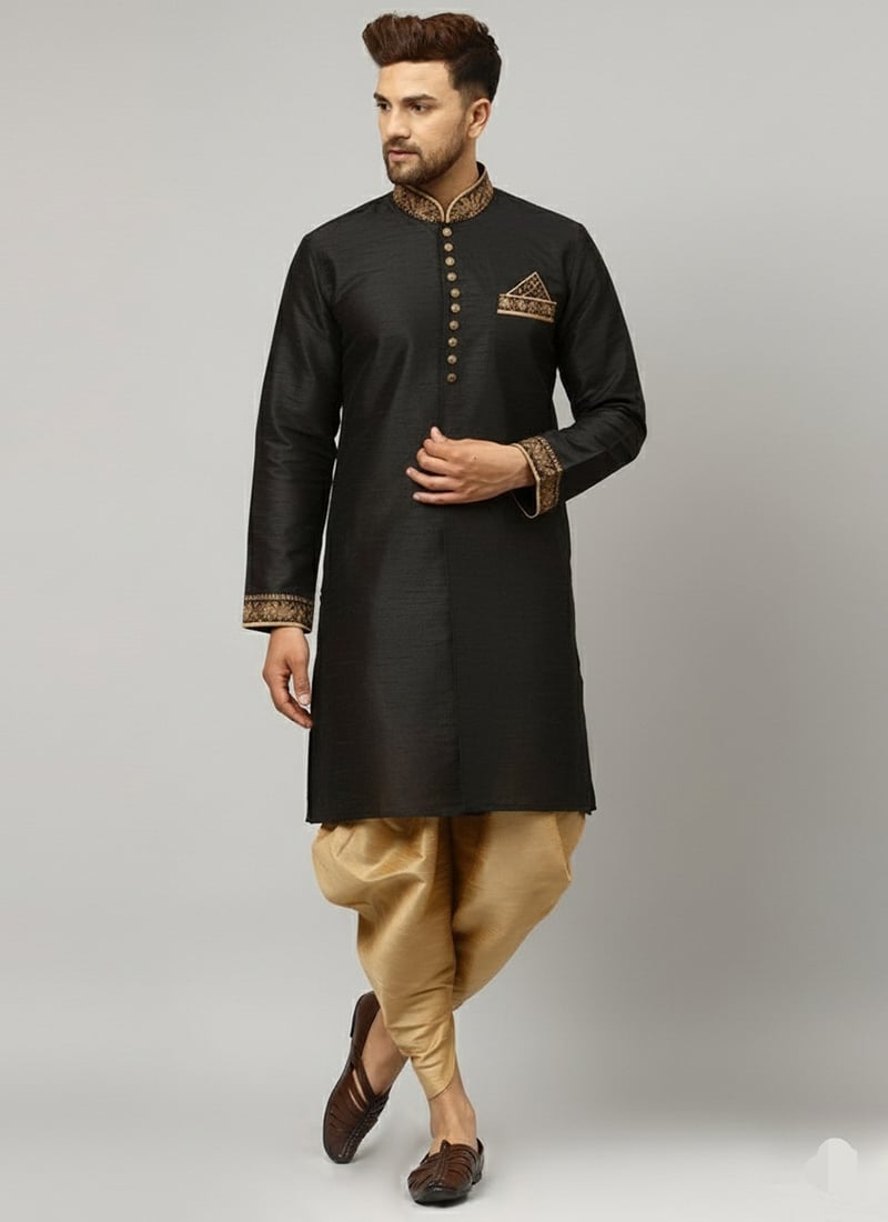 Mens Black Dupion Silk Embroidered Kurta Pyjama Festive Wear