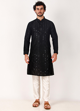 Mens Black Silk Embroidered Mirror Embossed Kurta Pyjama