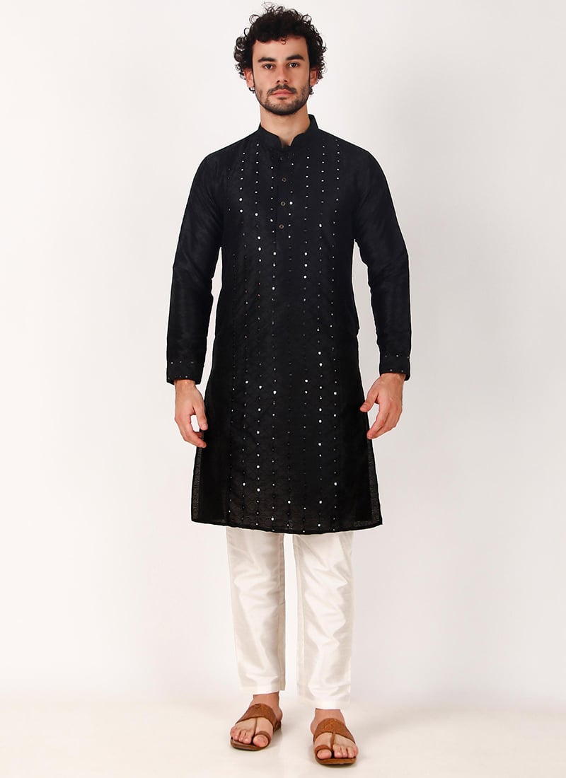Mens Black Silk Embroidered Mirror Embossed Kurta Pyjama Party Wear
