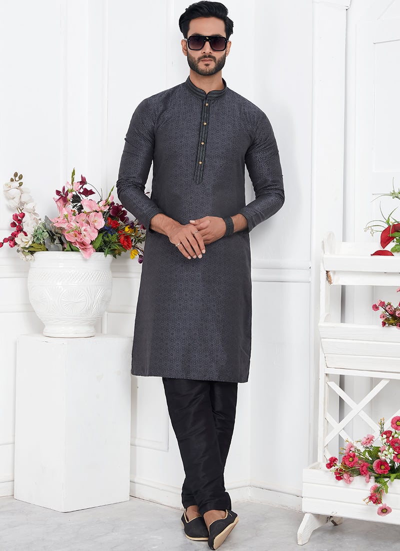 Mens Black Silk Jacquard Brocade Kurta Pyjama Set