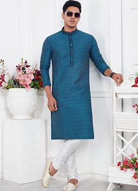 Mens Blue Silk Jacquard Brocade Kurta Pyjama Set
